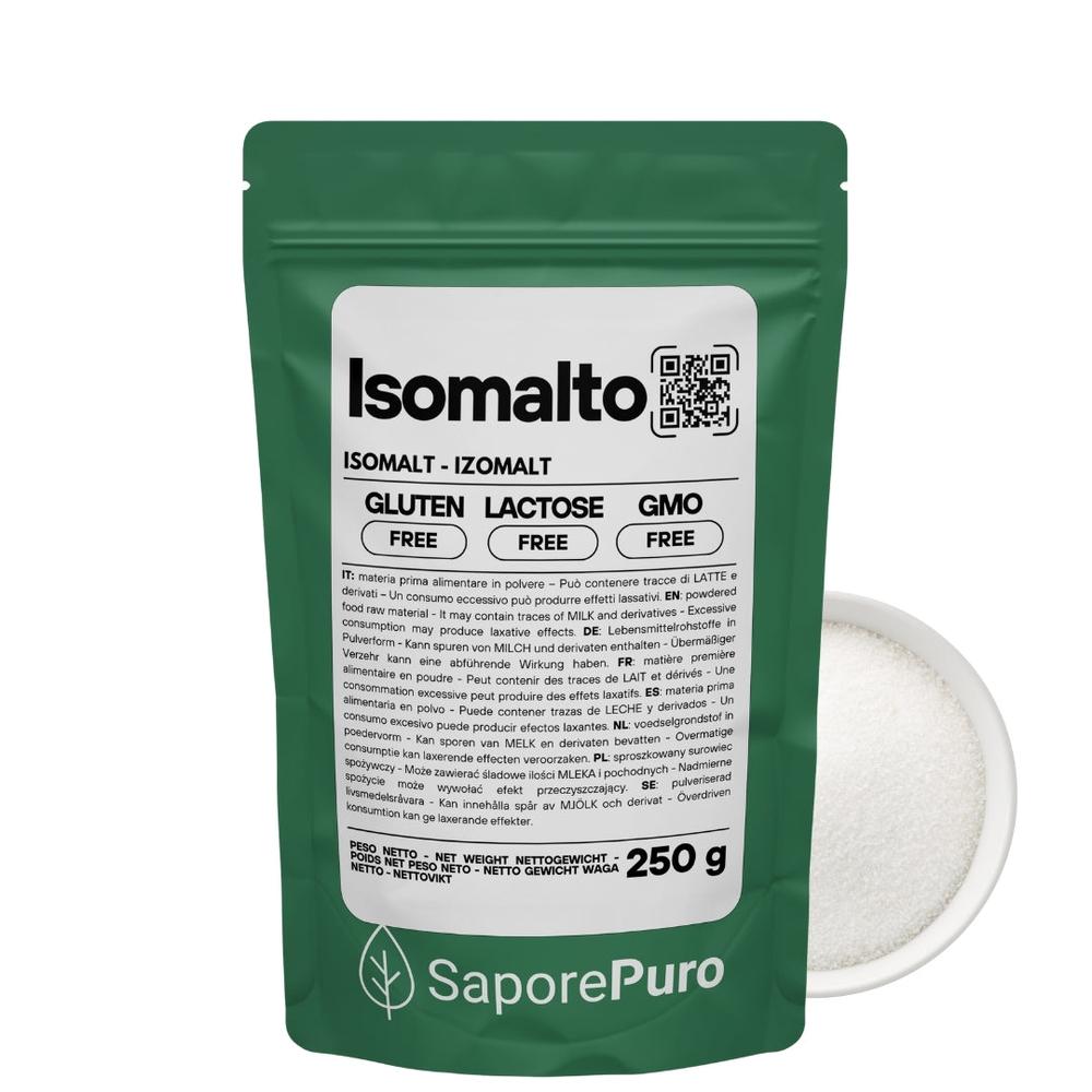 SaporePuro Isomalto Origine Germania, natural sweetener for baking and cooking, shown in a clear container with a spoon.